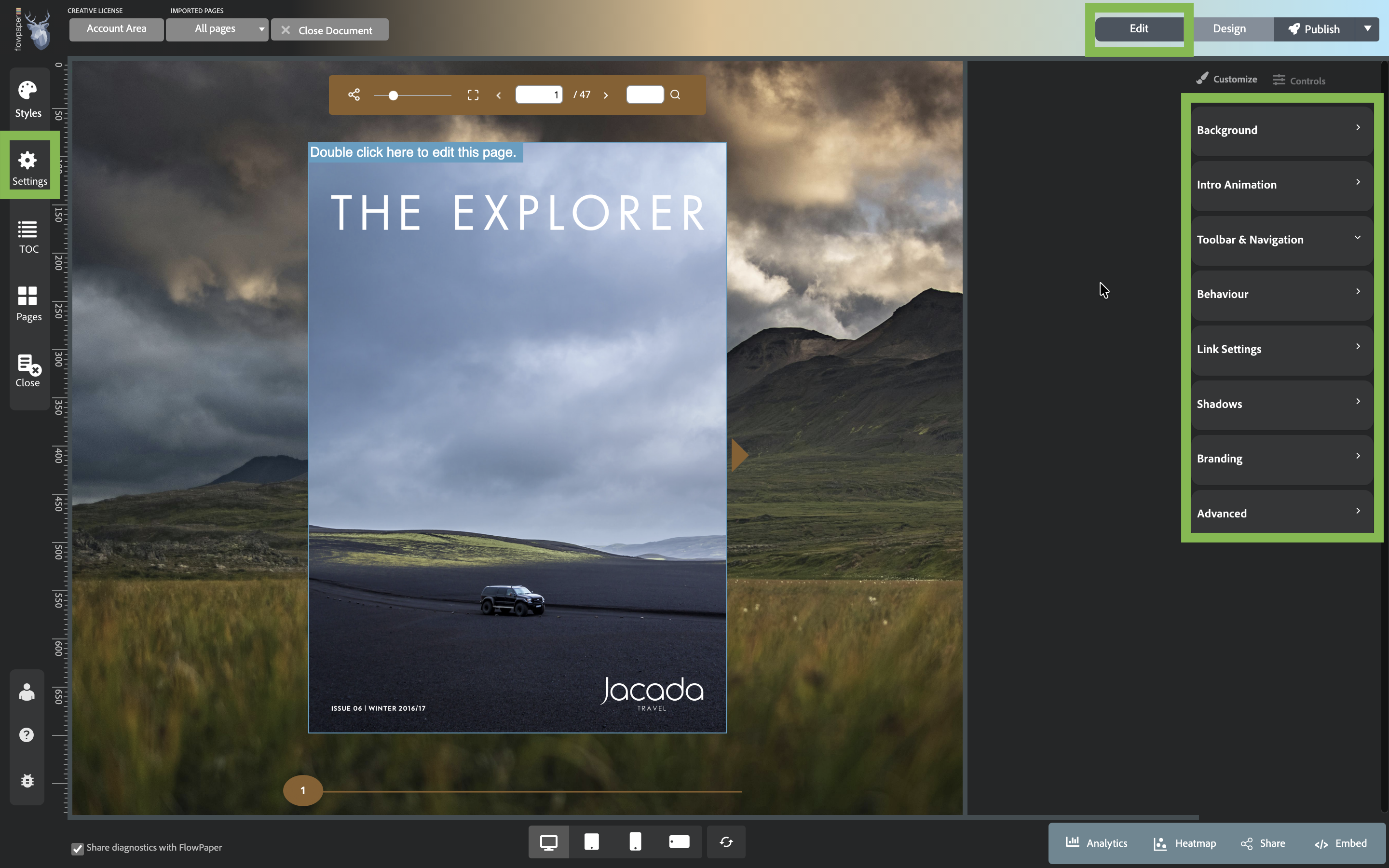 Customize the PDF flipbook layout and add interactive links, video, and hotspots